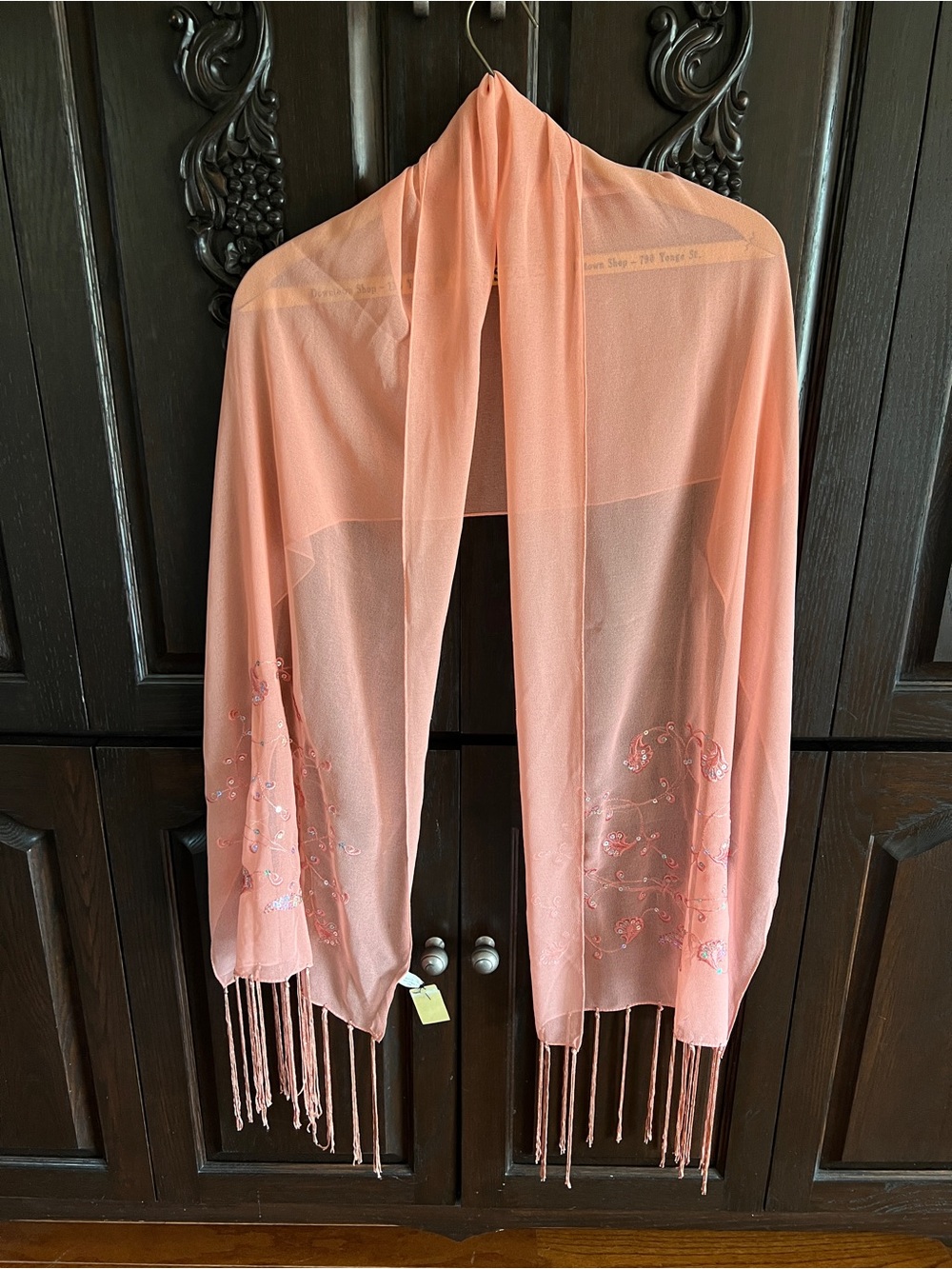 NWT Bijoux Terner Embroidered Sequin Fringe Shawl Salmon Pink